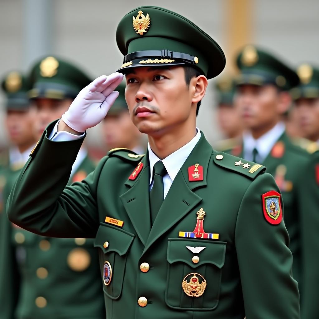 Hình ảnh chú bộ đội oai nghiêm trong bộ quân phục màu xanh, thể hiện sự kỷ luật và tự hào